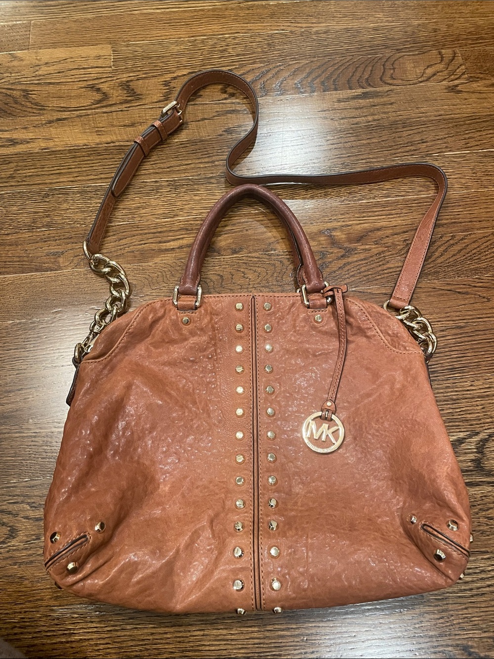 Michael Kors Tan Leather Studded Tote with Chain-Accent Strap